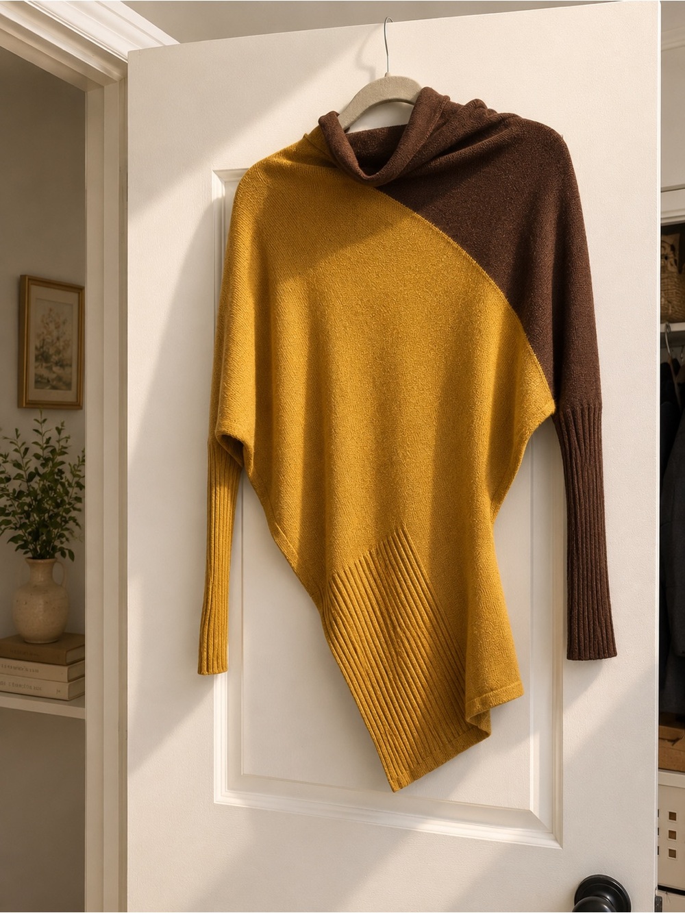 Vertigo Paris Two-Tone Mustard and Brown Asymmetric Poncho Sweater